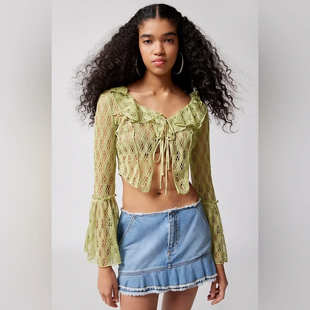 Urban Outfitters Green Gossamer Crochet Flyaway Top Size Medium
